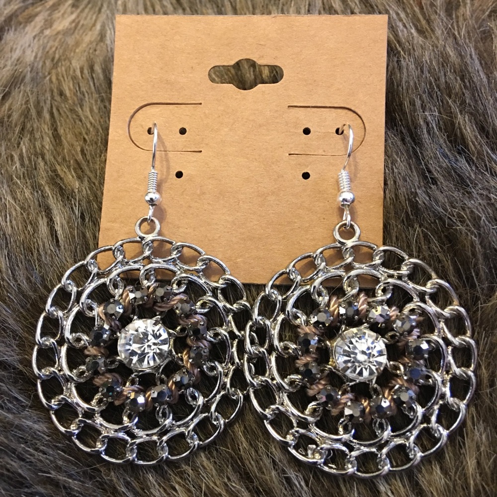 Silver chain glass stone accent medallion earrings